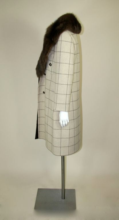 Galanos 3 Piece Cream and Brown Check Suit with Fox Fur Collar 4