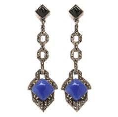 Art Deco Sterling, Onyx and Chalcedony Marcasite Earrings