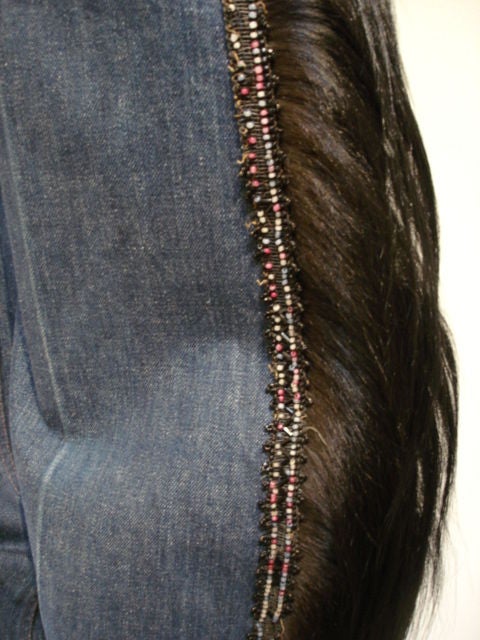 Blue denim with black monkey fur and beaded trim. Photographed with a 1960s monkey fur cape also available for purchase.