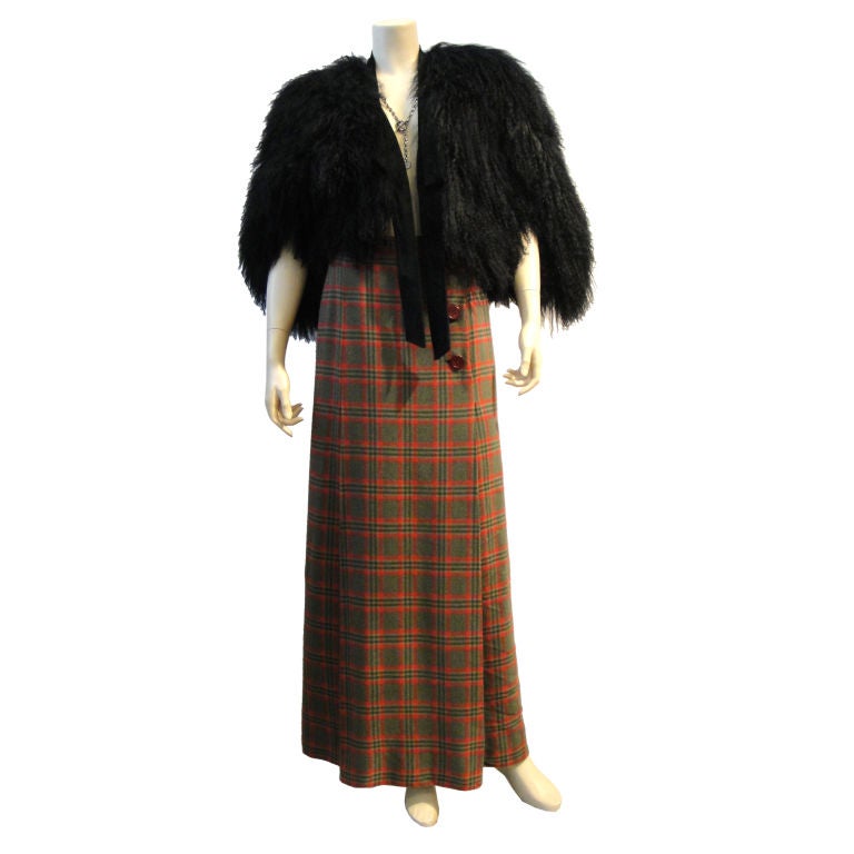 Gucci Mongolian Fur Capelette and Plaid Wool Skirt