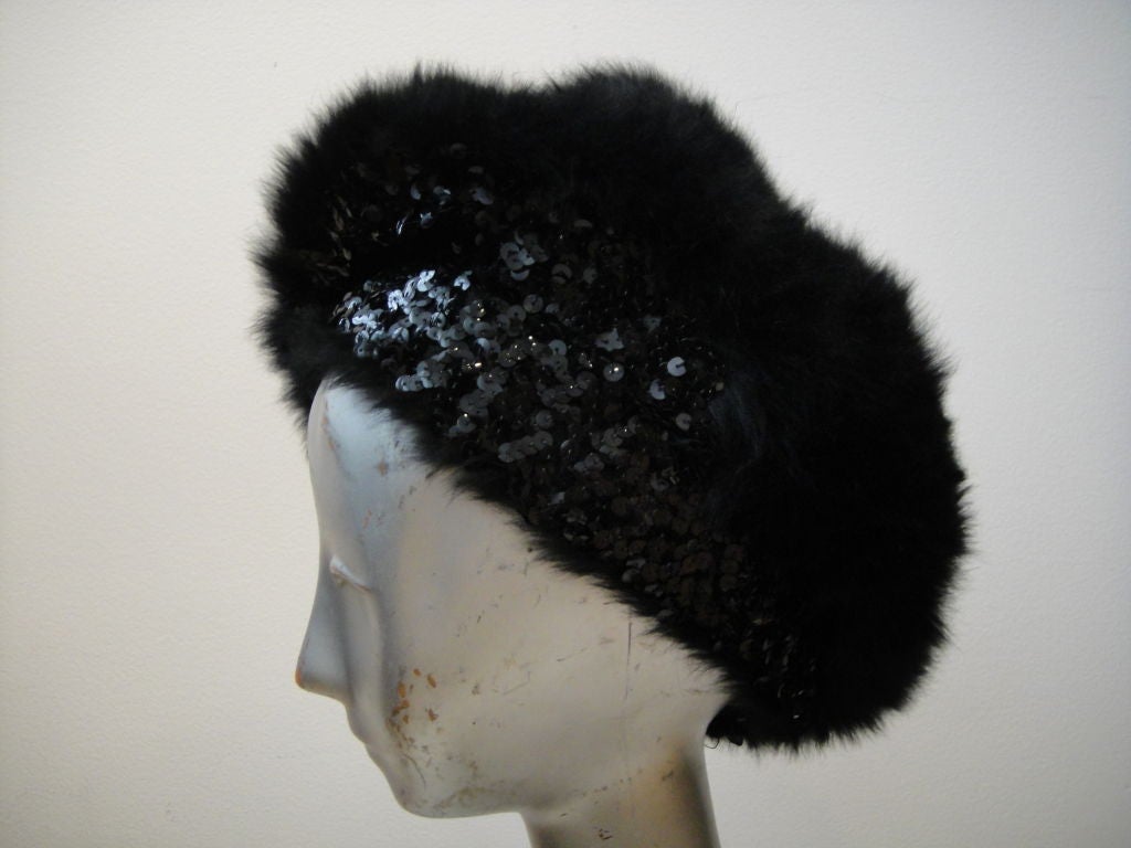 60's Christian Dior Angora Felt and Sequin Trimmed Black Beret