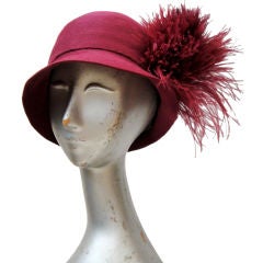 20's Burgundy Cashmere Felt Cloche w/ Ostrich Pouf