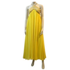 Vintage 60's Bejeweled  Chiffon Halter Gown in Zesty Lemon Yellow