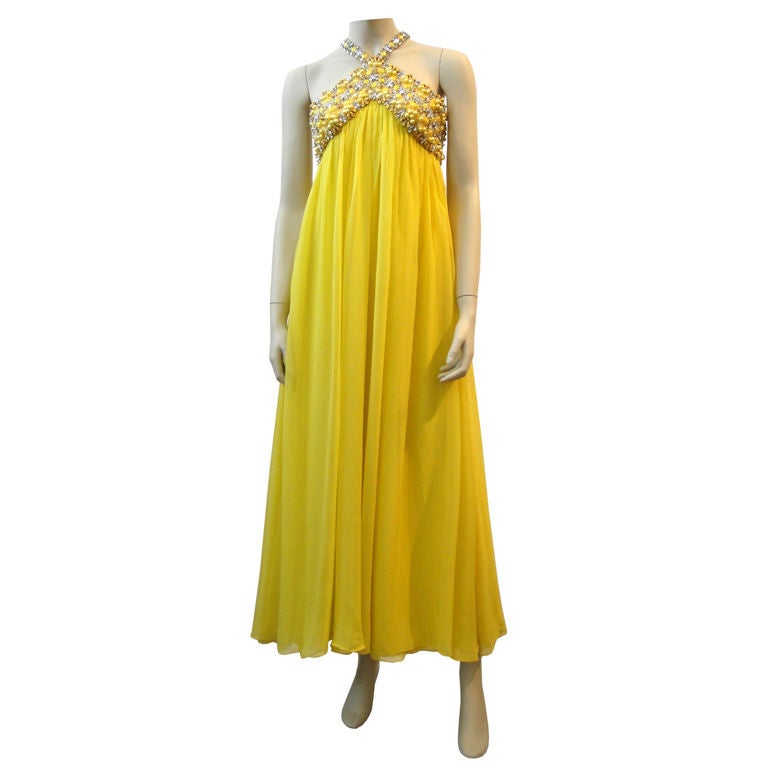 60's Bejeweled  Chiffon Halter Gown in Zesty Lemon Yellow