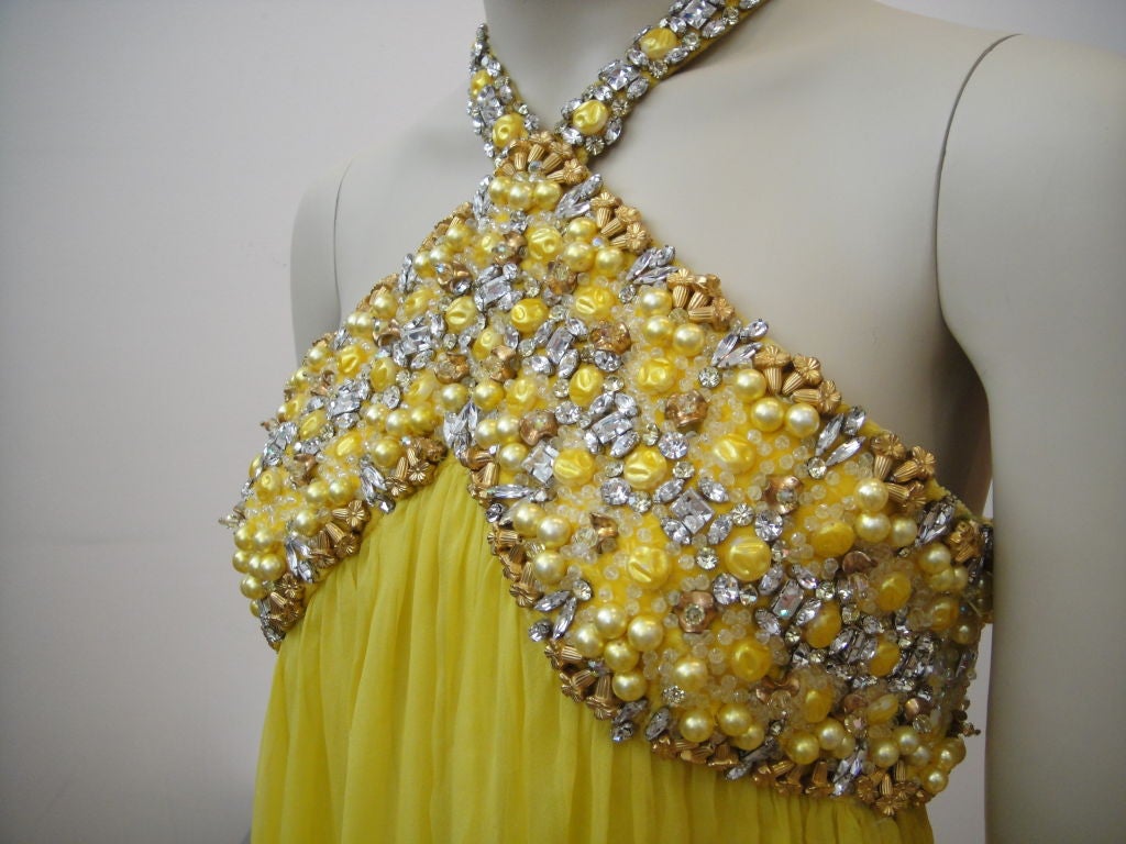 Women's 60's Bejeweled  Chiffon Halter Gown in Zesty Lemon Yellow