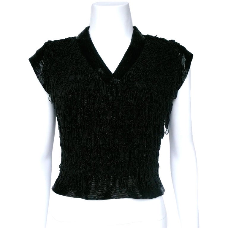 Black Glass and Seed Beadwork V-Neck Blouse For Sale