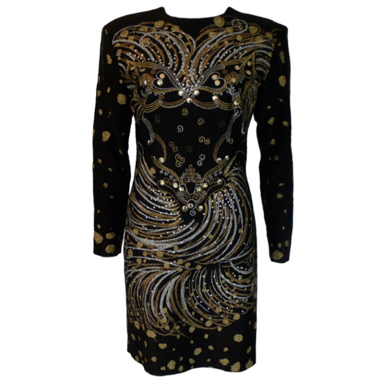 Zandra Rhodes Gold Painted Long Sleeve Dress