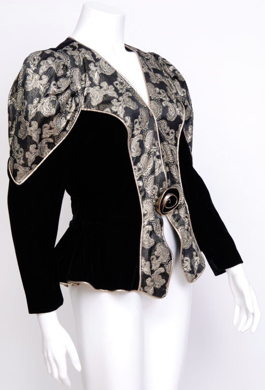 Women's 80's Black Velvet and Gold Metallic Brocade Peplum Jacket For Sale