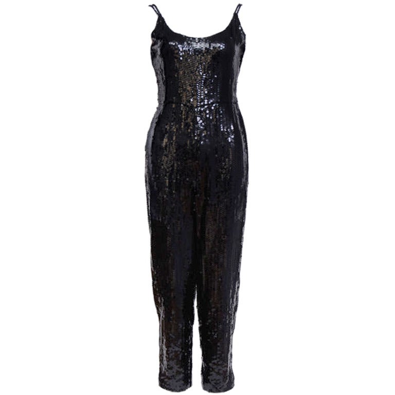 Black Sequin Beaded Spaghetti-Strap Jumpsuit For Sale