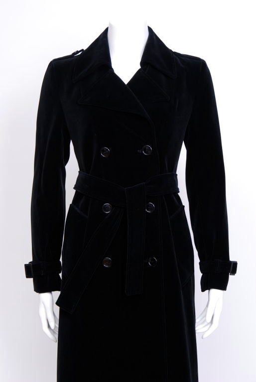 3/4 Length black cotton velvet trench coat, belted arms, tie belt, black glossy plastic buttons, fully lined.