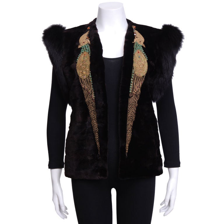 Sheared mink vest with gold thread stitching, jade, garnet and amethyst beaded parrots. Fully lined in silk satin.