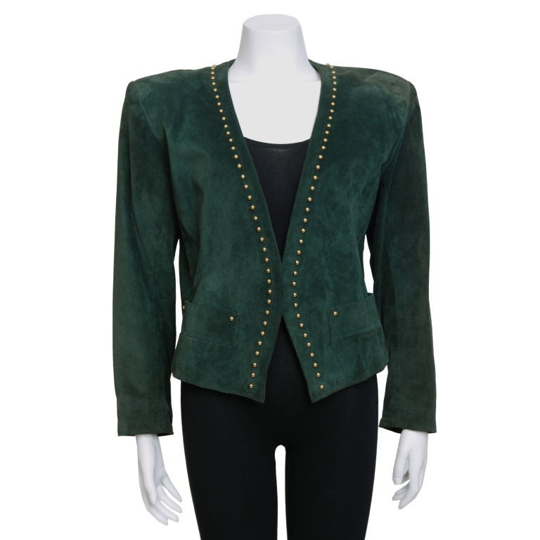 YSL suede jacket with shoulder pads, gold studs, and shiny gold dome buttons on sleeves, fully lined in green silk satin.