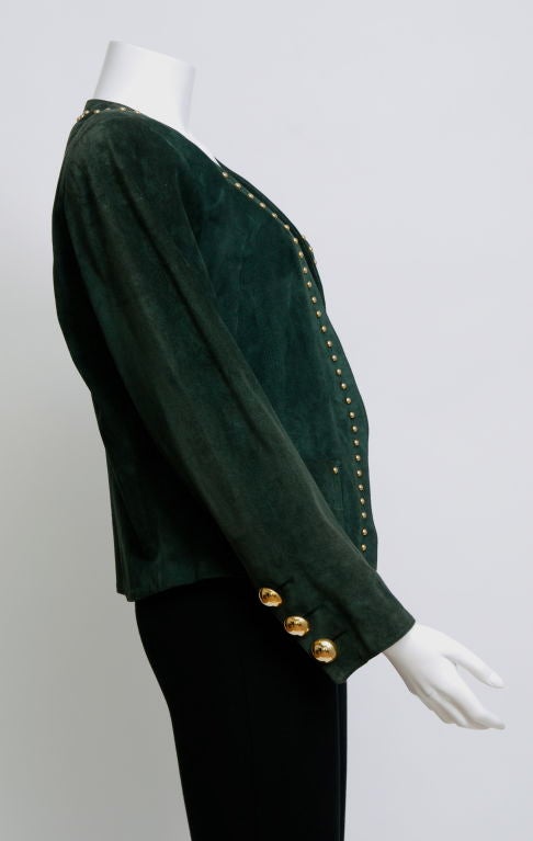 Black YSL Forest Green Suede Jacket with Gold Studded Embellishments