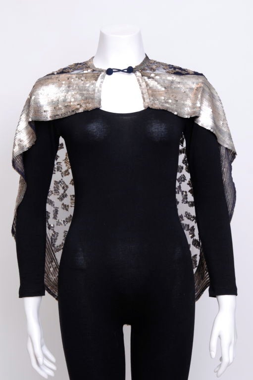 French Couture Blue Black Mesh and Gold Sequin Cape