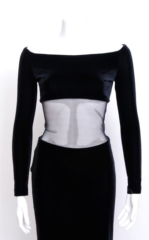 Thierry Mugler Black Velvet Dress with Mesh Cut Out