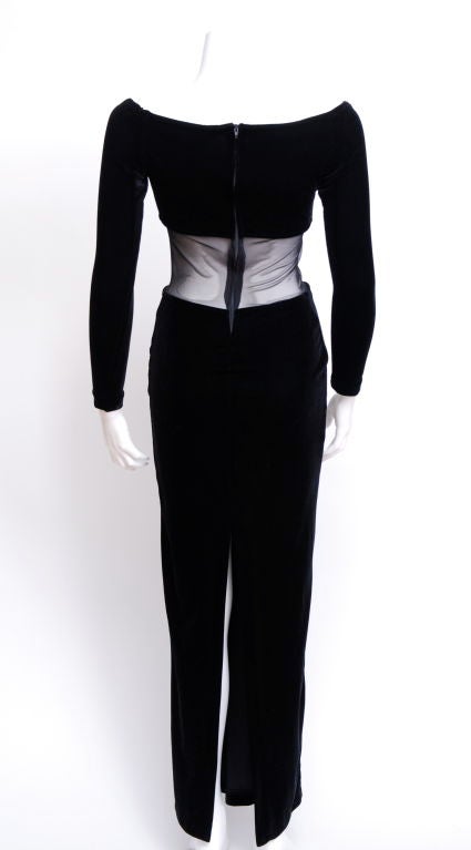 Women's Thierry Mugler Black Velvet Dress with Mesh Cut Out For Sale