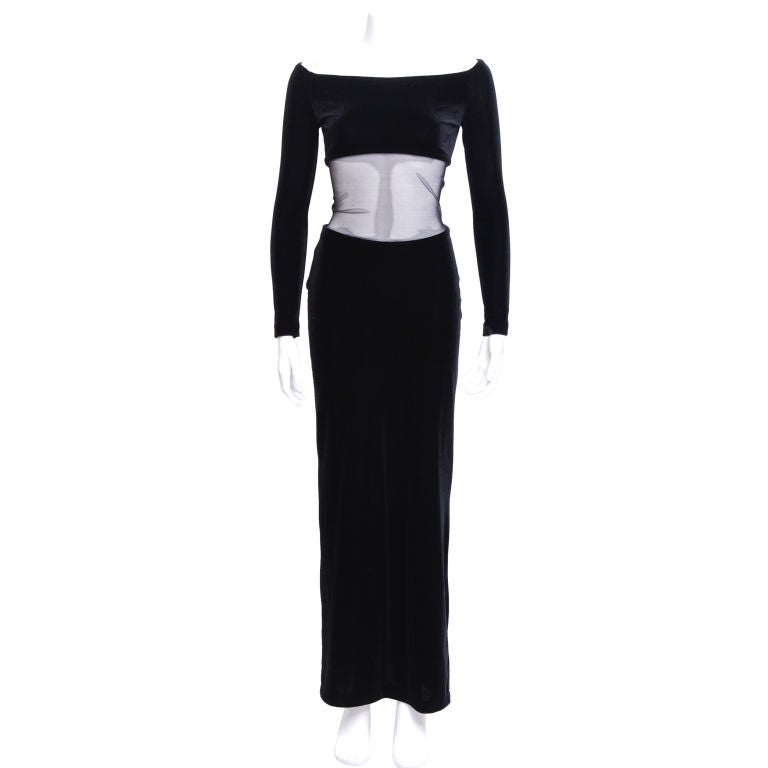 Thierry Mugler Black Velvet Dress with Mesh Cut Out For Sale