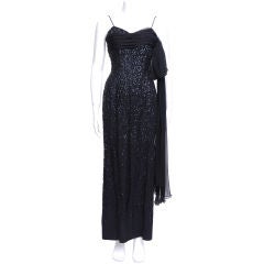 Black Silk Crepe and Chiffon Sequin Gown