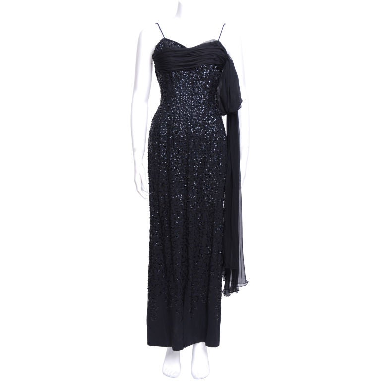 Black Silk Crepe and Chiffon Sequin Gown For Sale