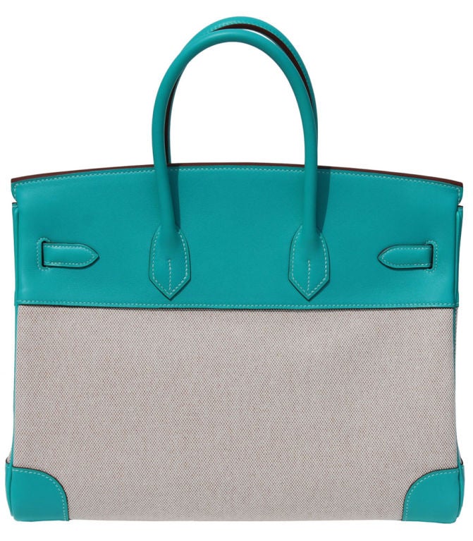 Women's 35cm Hermès Lagoon Swift Leather and Toile H Birkin For Sale
