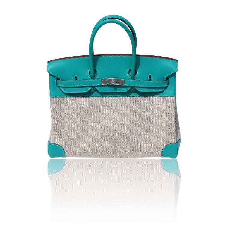 35cm Hermès Lagoon Swift Leather and Toile H Birkin For Sale