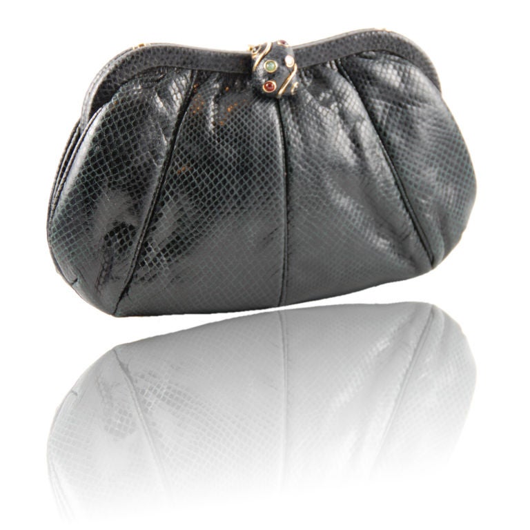 Leiber Black Karung Clutch with Stone Embellished Snail Clasp For Sale