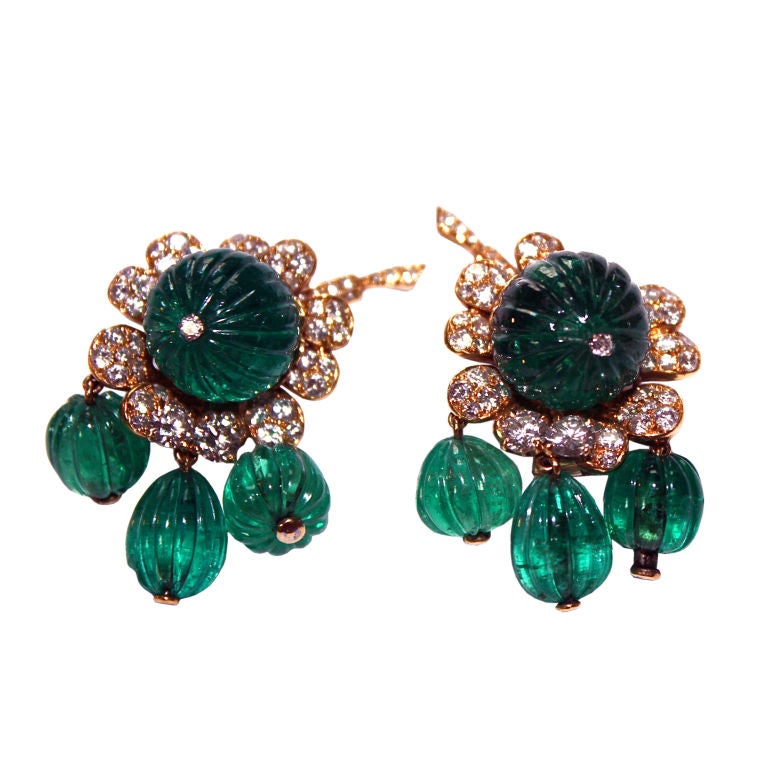 Magnificent Carved Fluted Emerald Earrings by Van Cleef & Arpels