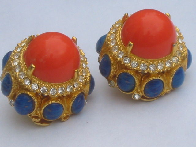 Kenneth Jay Lane Vintage 1960's Lapis and Coral Clip Earrings
