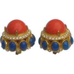Kenneth Jay Lane Vintage 1960's Lapis and Coral Clip Earrings