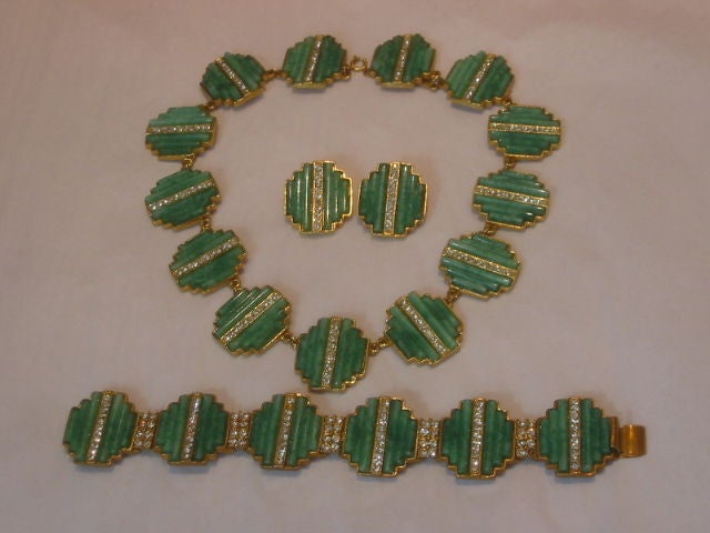 R. Serbin 1980's Deco inspired Jade necklace set