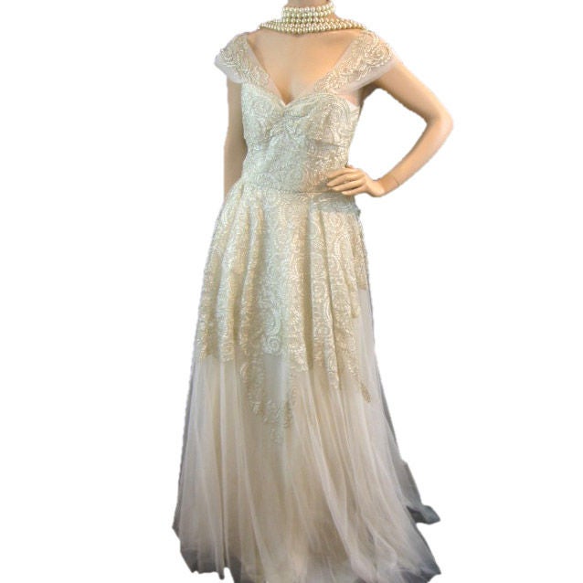 Pierre Balmain Couture 50's Vintage Lace Wedding Gown Sz