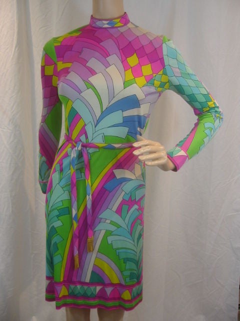 LEONARD Vintage Colorful 1960's Print Jersey Dress S-M