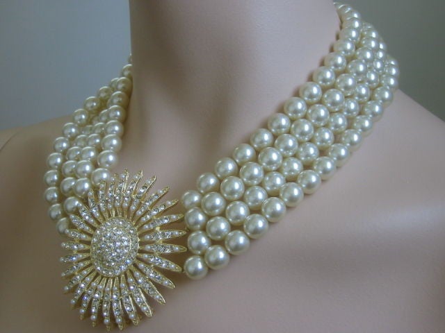 Women's 1980's Starburst Crystal and Pearl Necklace R. Serbin