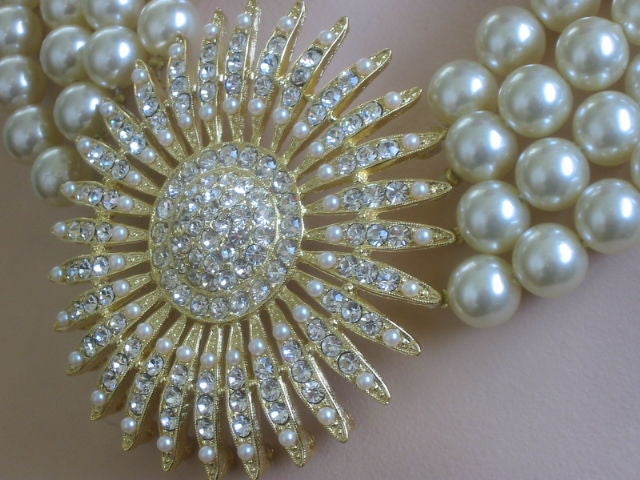 1980's Starburst Crystal and Pearl Necklace R. Serbin 1