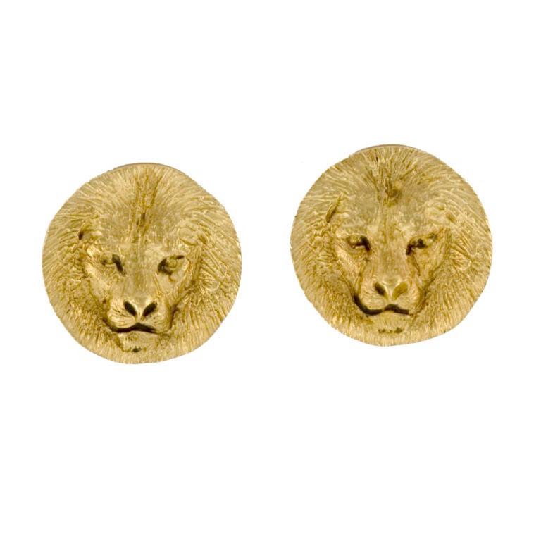 LION HEAD 18K GOLD CUFFLINKS BAS RELIEF SLIP ON