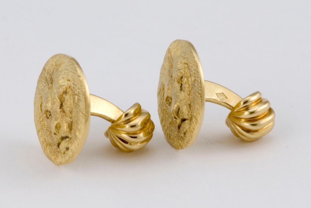 PLEASE VISIT LAUREN STANLEY IN NEW YORK <br />
<br />
A splendid pair 18 karat gold cuff links - one-of-two-made - by Albert Lipten, of New York, slip-on coin-like cufflinks in bas relief.   Weighs 15.5 dwt.  <br />
<br />
Dimensions 3/4 inches