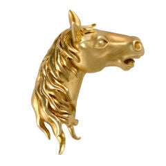 WILD HORSE HEAD 18K GOLD BROOCH / PIN BRIGHT & SATIN