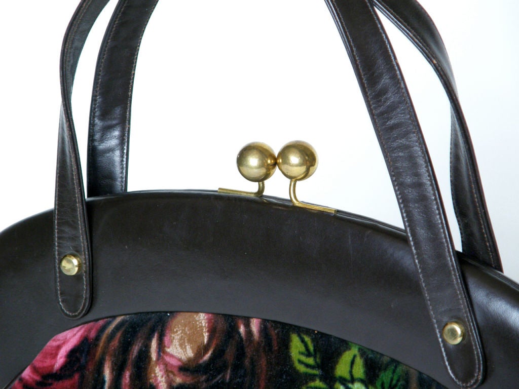 Black Rosenfeld Brown Leather and Floral Velvet Handbag For Sale