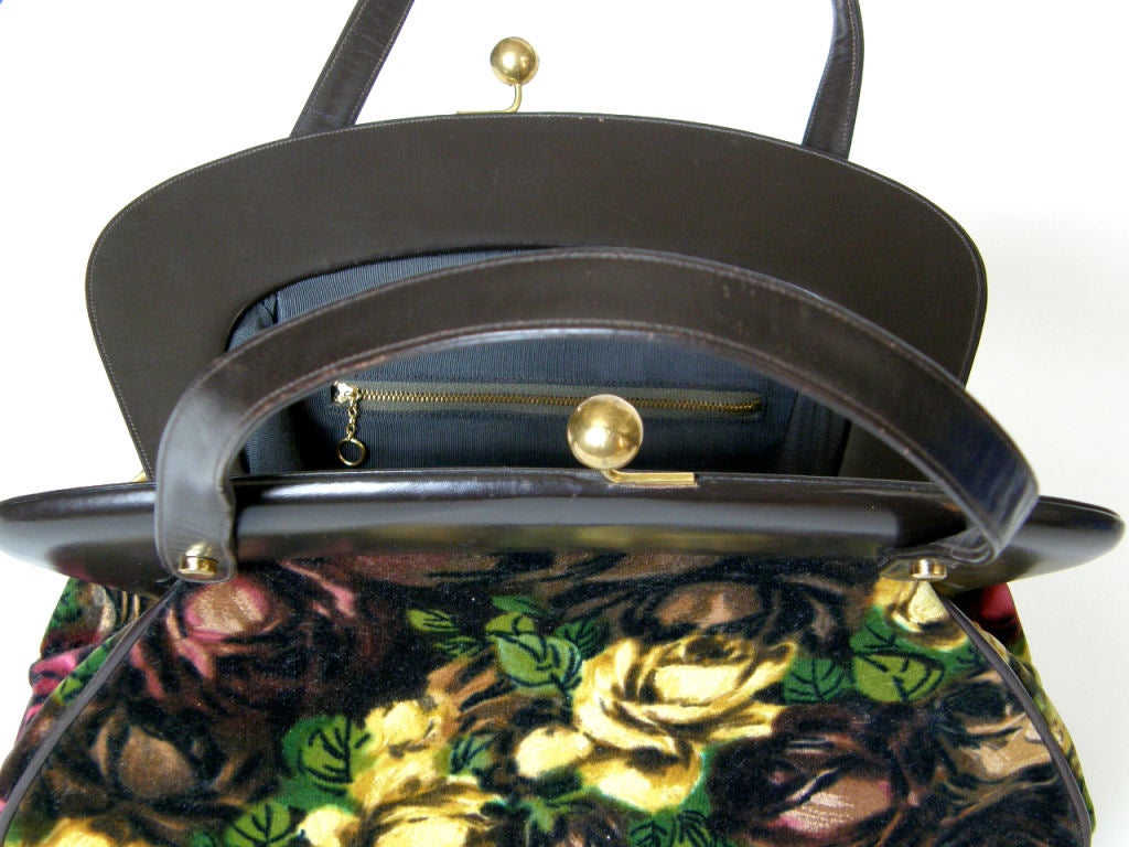 Women's Rosenfeld Brown Leather and Floral Velvet Handbag For Sale
