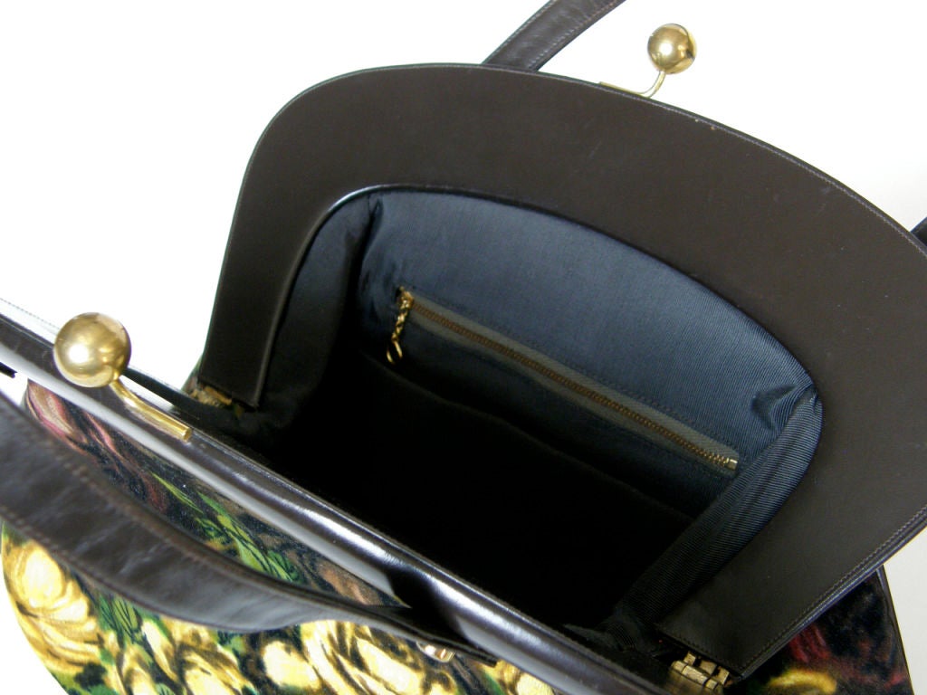 Rosenfeld Brown Leather and Floral Velvet Handbag For Sale 1