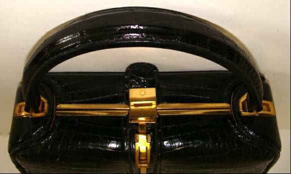 Black Alligator Structured Handbag For Sale 3