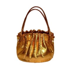 Gold Leather Ruched Double Handle Evening Bag by Holzman