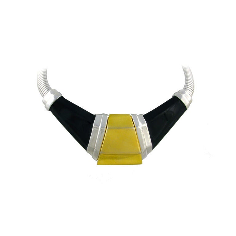 A geometric gilt, black enamel and silvertone gaspipe collar For Sale