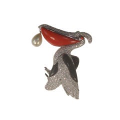 Beautiful Coral Onyx CZ Pelican Sterling Silver Brooch with Pearl Drop