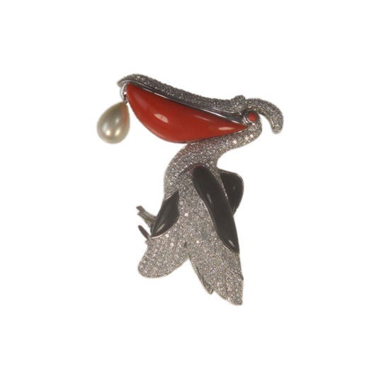 Stunning Genuine Coral Onyx and CZ Sterling Silver Pelican Brooch with Pearl Drop. Pelican's upper beak stays closed. When open; it reveals a sparkling CZ drop. A Real Show Stopper!