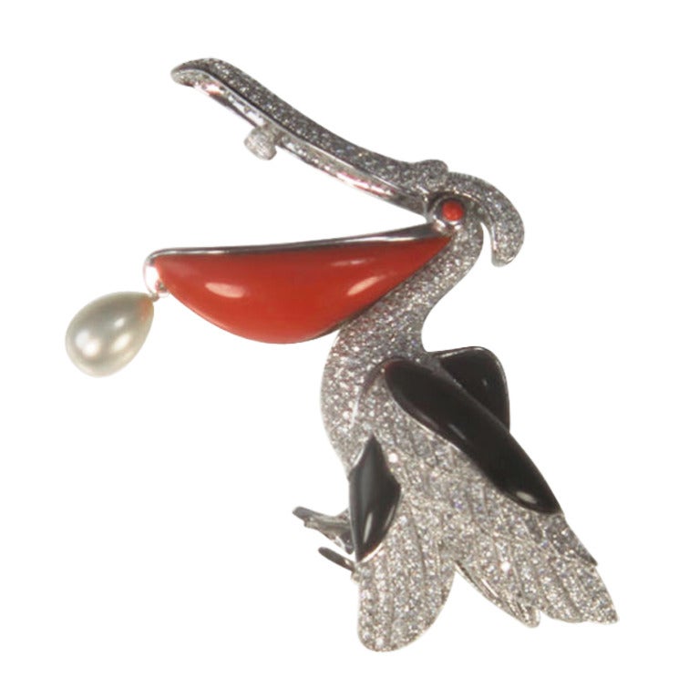 Modernist Coral Onyx CZ Pelican Sterling Silver Brooch