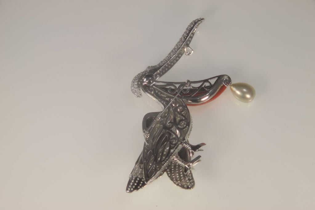 Coral Onyx CZ Pelican Sterling Silver Brooch 1