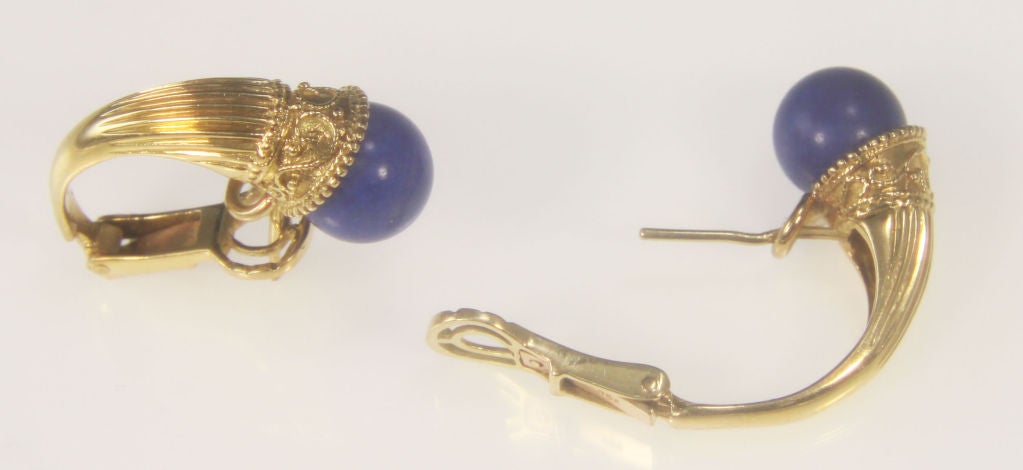  Beautiful Pair of 18K Yellow Gold and Lapis Lazuli Etruscan Revival Earrings. Post & Clip Backs. Marked: 750. Unique and Fabulous as You are!