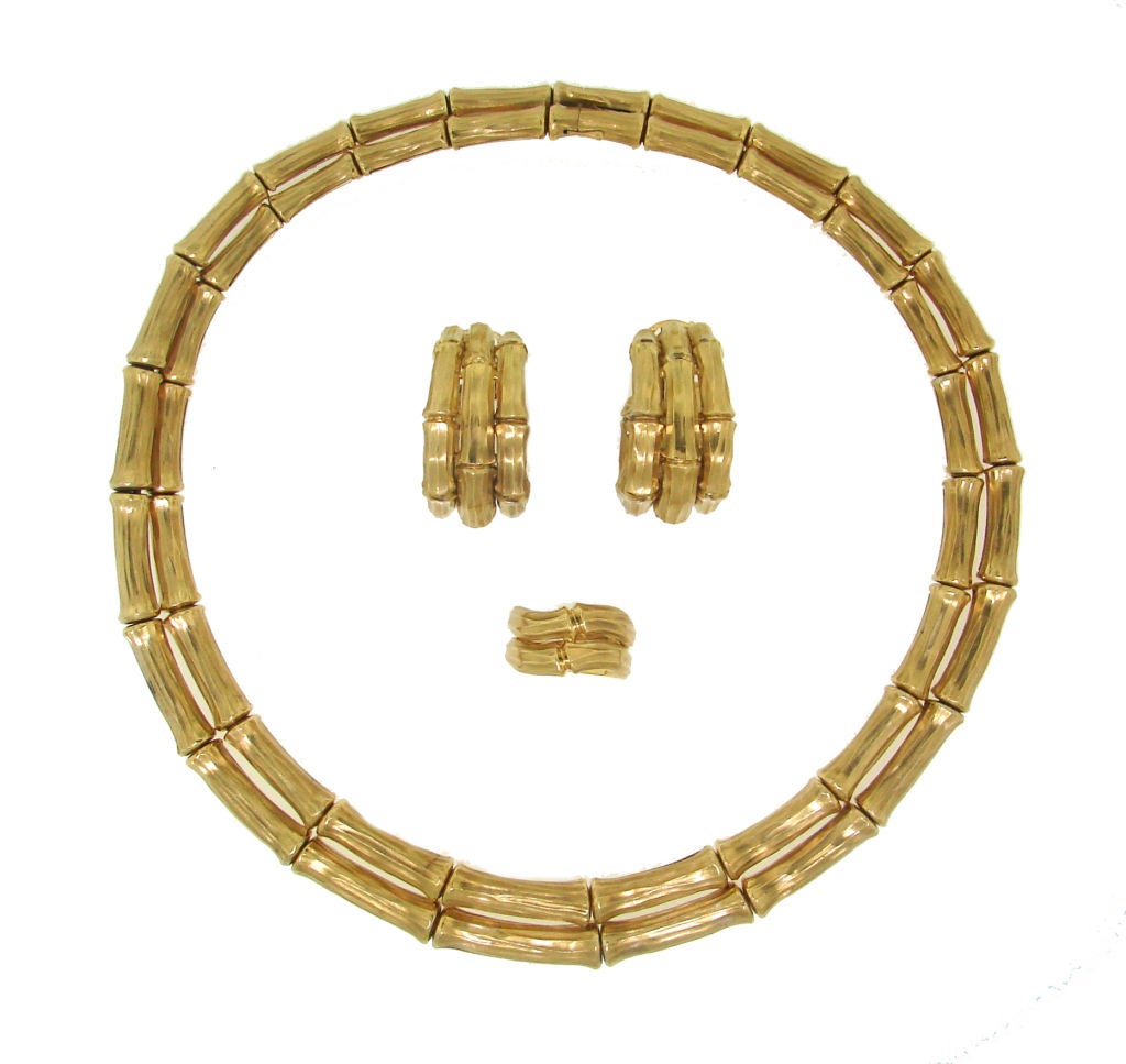Stunning Cartier Bamboo Collection<br />
You can purchase all three pieces as a set or separately.<br />
Ring - size 7, $2,500<br />
Earrings - 1 3/8