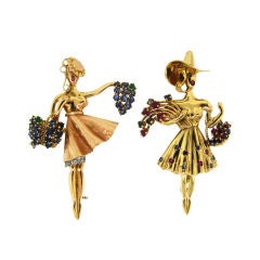 Retro A Pair of Lacloche  Diamond, Gems & 18k Gold Women Figures Pins